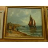A pair of early 20th century oil paintings on canvas of coastal scenes with fisherman and women, a