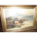 A pair of late 19th century oil paintings on canvas of highland landscapes with cattle watering,