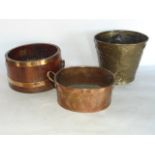 A shallow coopered oak pail of tapering cylindrical form with applied studded brass and copper