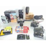A collection of 20th century photographic equipment to include a USSR Quarz 5 portable camera, a