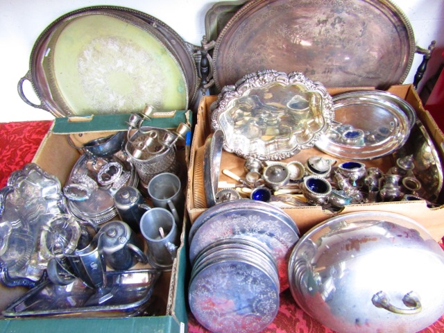 An extensive collection of silver plated wares to include various large serving trays, tureens, a