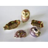 Three boxed Royal Crown Derby Imari paperweights in the form of a Barn Owl, a sleeping tabby