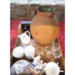 A large terracotta ewer with glazed interior together with a further smaller pottery jug, a