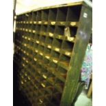 A freestanding flight of industrial steel pigeon holes with original green painted finish, 183 x 123