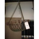 A vintage wirework hanging basket with lattice and simple scroll detail, 64 cm diameter approx (