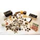 19th century Spillkins, bone dog whistle, military and hunting buttons, coinage, bank notes, etc