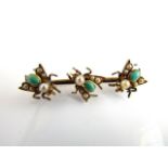 A turquoise and pearl bar brooch, mounted with three insect motifs