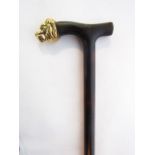 A stained timber walking cane, the handle decorated with an applied brass lions head finial