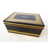 A Victorian metal cash box with all over ebonised finish, with Greek Key and other gilded borders,