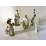 A collection five various Lladro figures, including an elegant lady standing beside a plinth with