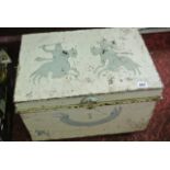 A 19th century steel trunk with painted finish, the exterior decorated with silhouetted knights on