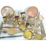 A box of assorted antique and later metal wares to include brass candlesticks, miniature fire