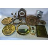 A miscellaneous collection to include brass wares, a brass charger with astrological decoration,