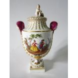 A good quality 19th century Dresden two-handled vase and cover, with painted panels of Watteausque