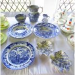 A collection of 19th century blue and white printed wares, including an early 19th century jug