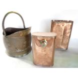 A collection of antique metal wares to include a good quality copper coal scuttle with looping