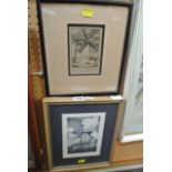 A collection of watercolours, etchings and engravings all showing windmills including a