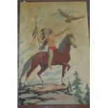 An unusual 20th century coloured study of a native American brave riding on his horse accompanied by