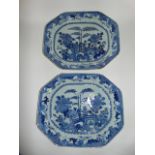 A pair of early 19th century blue and white meat plates of rectangular form with painted bamboo,