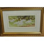 A watercolour showing a group of six white ducks resting in the sunshine, signed with pencil