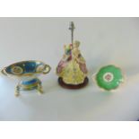 A table lamp base with applied ceramic figure of a lady in 18th century style costume accompanied by