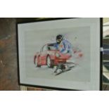 A signed coloured limited edition print after V Kuan of an action subject with car and jet ski,