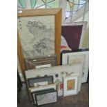 A collection of oriental pictures and prints including a watercolour on silk panel incorporating