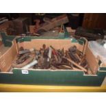 Three shallow boxes containing a quantity of vintage small hand tools to include miniature anvil,