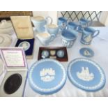 A quantity of Wedgwood Jasper wares including a boxed plaque commemorating the 150th anniversary