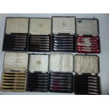 Eight cased sets of six fruit/butter silver-handled knives, various makers, Sheffield, London &