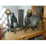 Metal wares to include a small pair of iron fire dogs with talon and ball heads, height 27cm approx,