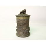 a good quality 19th century continental cast metal cylindrical tobacco jar, the lid finial in the