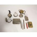 A miscellaneous silver cased and other pocket watches, plated cigarette case, lens, etc