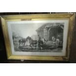 A 19th century black and white engraving showing a farmyard scene with heavy horses threshing,