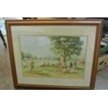 A colour print after Douglas E West of a 1930's style cricketing scene 37 x 55cm in wooden frame