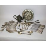 Sundry silver plated cutlery together with a pewter teapot with fruiting finial lid, a