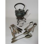 A 19th century silver plated kettle on stand, together with sundry silver plated cutlery to