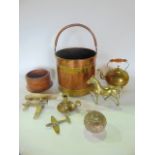 Metal wares to include 19th century copper and brass banded pail with looping handle together with a