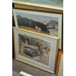 A signed coloured limited edition print after Terence Cuneo, showing a motor racing scene at the