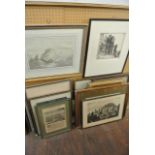 A collection of 19th century and other pictures and prints including a signed black and white