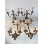 A pair of cast brass electrified two divisional candelabra, further lighting etc