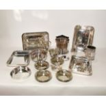 Assorted silver plated wares to include a bottle coaster with pierced detail, lidded serving