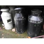 Four vintage cast iron two handled milk churns with later painted finish and raised lettering to