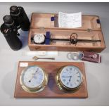 PAIR OF CHINON BINOCULARS 7 x 50, 372 ft 1000 YARDS, SESTRAL BAROMETER AND CLOCK MOUNTED ON A WOODEN