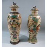 TWO ORIENTAL CRACKLEWARE BALUSTER VASES EACH PAINTED WITH WARRIORS ON HORSE (H: 33.5 cm & 31.3
