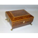 VICTORIAN BURR WALNUT SARCOPHAGUS SHAPED WORK BOX WITH FITTED INTERIOR AND PRUSSIAN STYLE BRASS