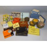 VARIOUS CONTAINERS INCLUDING ILFORD AND KODAK FILM CANNISTERS, CIGARETTE AND MEDICINE TINS.