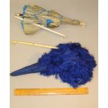 VICTORIAN BLUE WATER SILK PARASOL WITH A FOLDING IVORY HANDLE (LENGTH OVERALL: 67 cm) TOGETHER