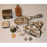 PAIR OF PLATED NAPKIN RINGS, CASED, LEATHER COVERED HIP FLASK, PAPERWEIGHT AND OTHER ITEMS INCLUDING