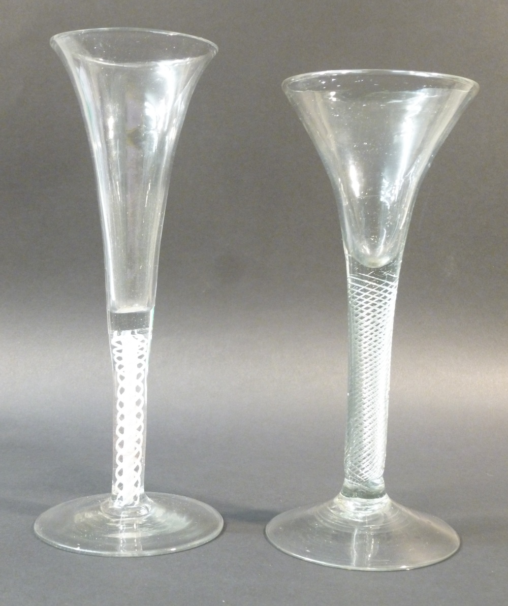 18TH CENTURY WINE FLUTE; TRUMPET BOWL; DSOT- PAIR OF HEAVY SPIRAL THREADS OUTSIDE LACE TWIST